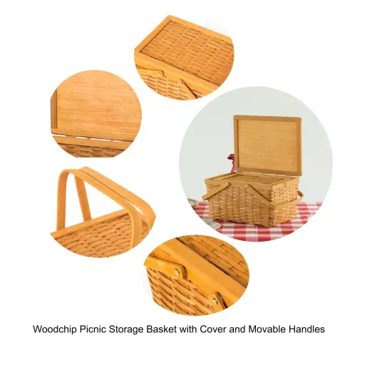 Woodchip Picnic Storage Basket with Cover and Movable Handles {6}