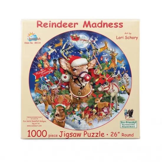 Sunsout Reindeer Madness 1000 pc Round Christmas Jigsaw Puzzle 35114 {4}