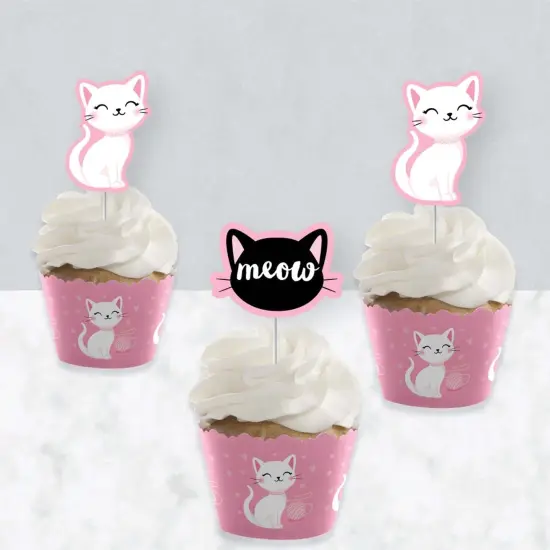 Big Dot of Happiness Purr-fect Kitty Cat - Cupcake Decoration - Kitten Baby Shower or Birthday Party Cupcake Wrappers and Treat Picks Kit - Set of 24 {4}