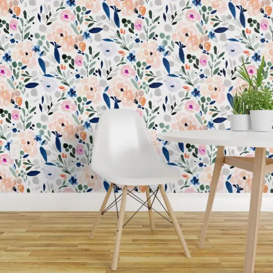 Pre-Pasted Wallpaper 2FT Wide Pastel Floral Watercolor Garden Flowers Bohemian Girly Botanical Custom Pre-pasted Wallpaper by Spoonflower {1}