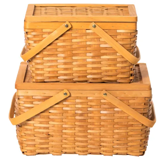 Woodchip Picnic Storage Basket with Cover and Movable Handles {3}