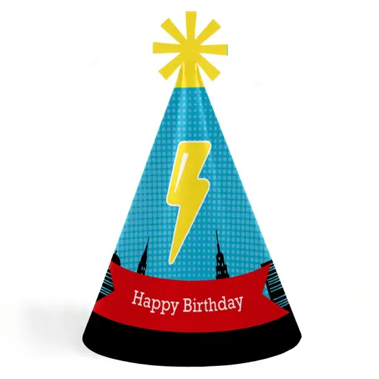 Big Dot of Happiness Bam Superhero - Cone Happy Birthday Party Hats for Kids and Adults - Set of 8 (Standard Size) {1}