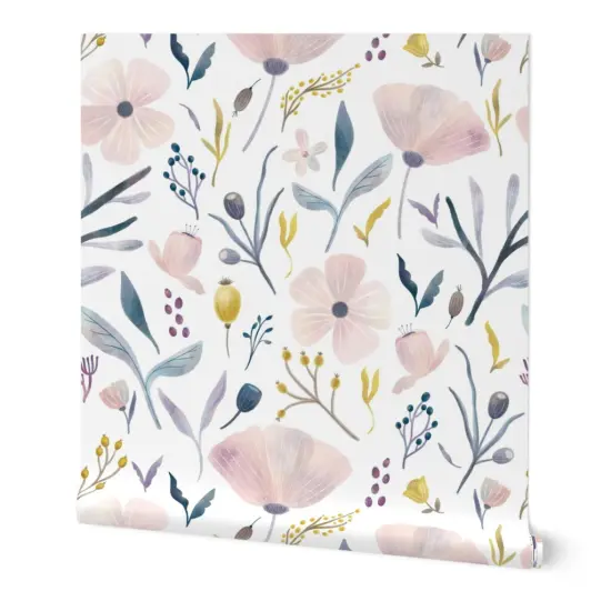 Peel & Stick Wallpaper 2FT Wide Pastel Flowers Floral Botanical Gardens Feminine Pink Purple Spring Farmhouse Easter Custom Removable Wallpaper by Spoonflower {7}