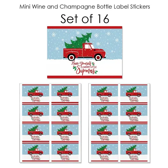 Big Dot of Happiness Merry Little Christmas Tree - Mini Wine and Champagne Bottle Label Stickers - Red Truck Christmas Party Favor Gift - Set of 16 {7}