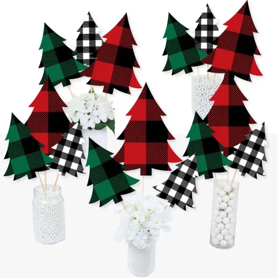 Big Dot of Happiness Holiday Plaid Trees - Buffalo Plaid Christmas Party Centerpiece Sticks - Table Toppers - Set of 15 {3}