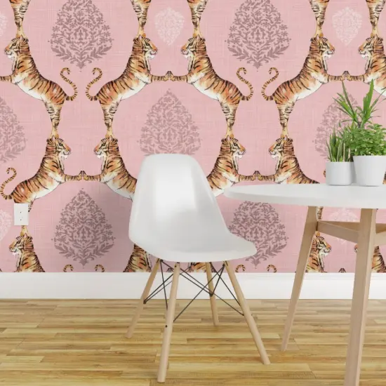 Pre-Pasted Wallpaper 2FT Wide Pink Paisley Tiger Bohemian India Pale Damask Water Color Animal Print Custom Pre-pasted Wallpaper by Spoonflower {6}