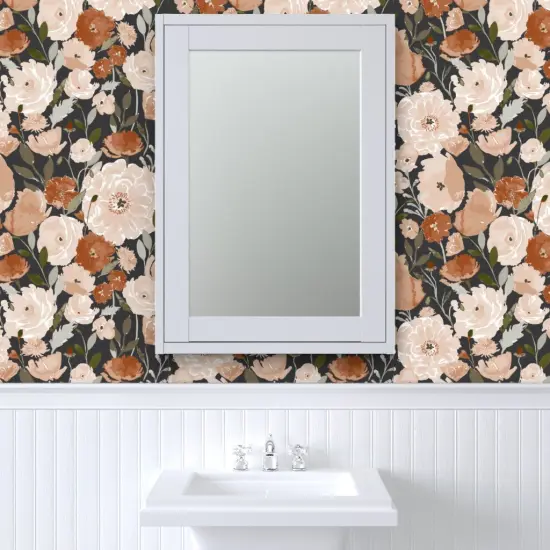 Pre-Pasted Wallpaper 2FT Wide Flower Black Floral Summer Large Watercolor Florals Garden Jumbo Custom Pre-pasted Wallpaper by Spoonflower {6}