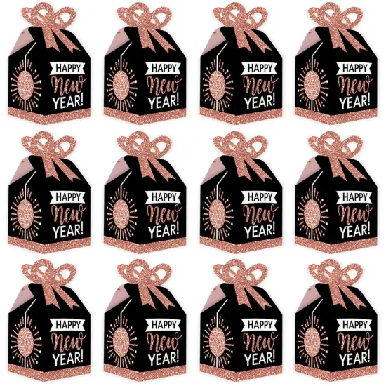 Big Dot of Happiness Rose Gold Happy New Year - Square Favor Gift Boxes - New Years Eve Party Bow Boxes - Set of 12 {6}