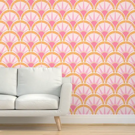 Peel & Stick Wallpaper 2FT Wide Vintage Art Deco Feminine Pastels Inspired Retro Pattern Twenties 1920S Prohibition Pink And Orange Custom Removable Wallpaper by Spoonflower {5}