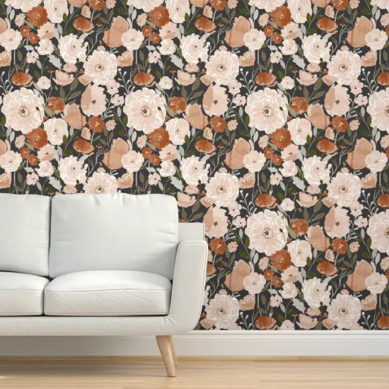 Pre-Pasted Wallpaper 2FT Wide Flower Black Floral Summer Large Watercolor Florals Garden Jumbo Custom Pre-pasted Wallpaper by Spoonflower {5}