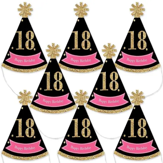 Big Dot of Happiness Chic 18th Birthday - Pink, Black and Gold - Mini Cone Birthday Party Hats - Small Little Party Hats - Set of 8 {1}