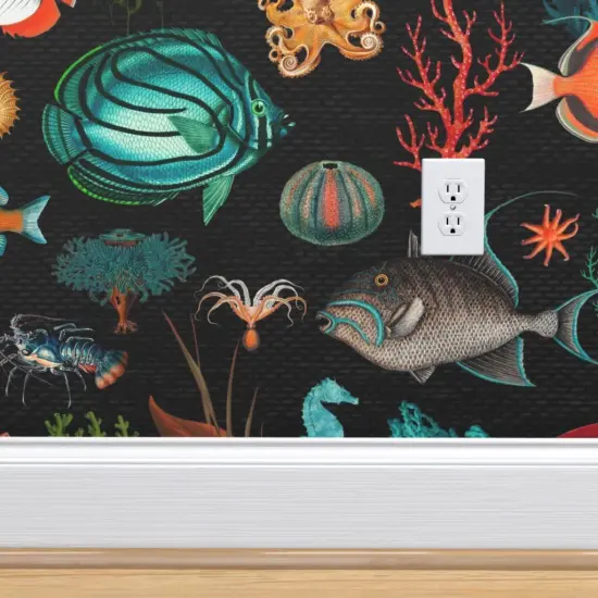 Pre-Pasted Wallpaper 2FT Wide Black Nautical Sea Life Vintage Style Ocean Fish Coastal Tropical Custom Pre-pasted Wallpaper by Spoonflower {4}