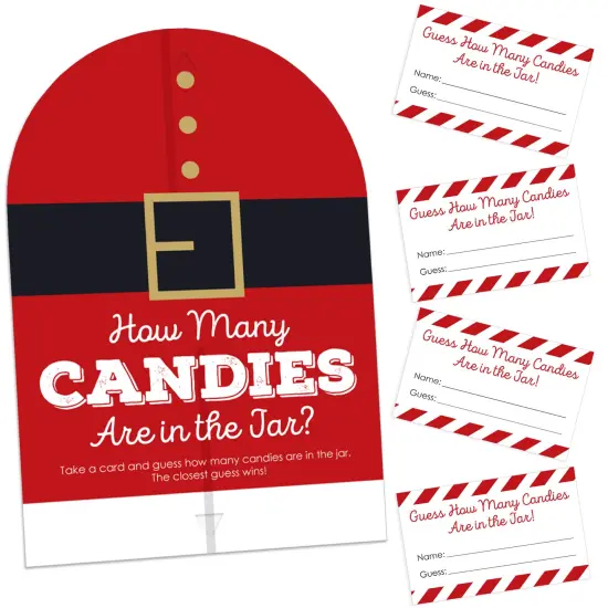 Big Dot of Happiness Jolly Santa Claus - How Many Candies Christmas Party Game - 1 Stand and 40 Cards - Candy Guessing Game {1}