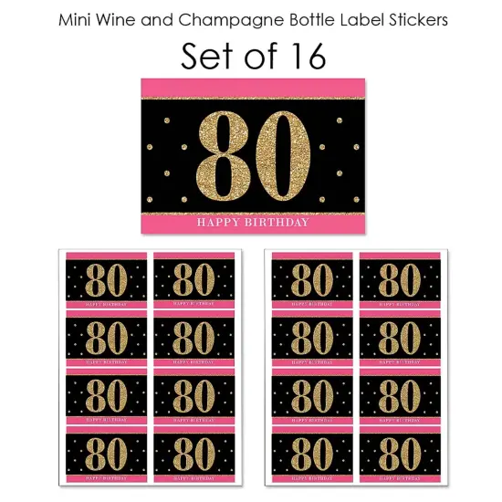 Big Dot of Happiness Chic 80th Birthday - Pink, Black and Gold - Mini Wine and Champagne Bottle Label Stickers - Birthday Party Favor Gift - Set of 16 {7}
