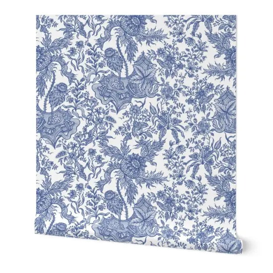 Peel & Stick Wallpaper 2FT Wide Chintz Floral Blue White Vintage Style Traditional Cobalt Chinoiserie Custom Removable Wallpaper by Spoonflower {7}