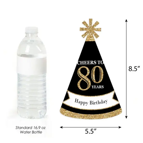 Big Dot of Happiness Adult 80th Birthday - Gold - Cone Birthday Party Hats for Adults - Set of 8 (Standard Size) {4}