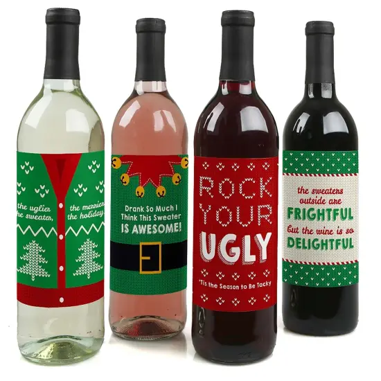 Big Dot of Happiness Ugly Sweater - Holiday and Christmas Wine Bottle Label Stickers - Set of 4 {1}