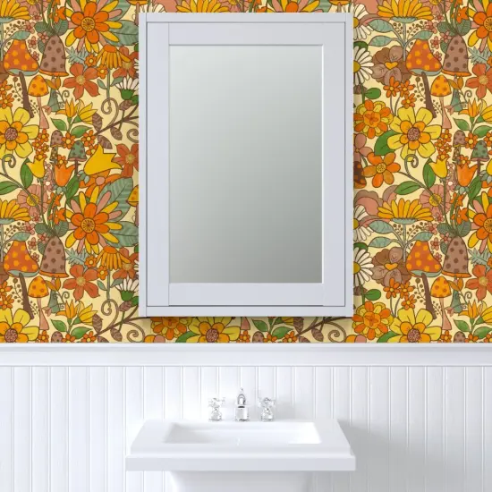 Peel & Stick Wallpaper 2FT Wide Vintage Hippy Floral Earth Tones mushrooms s Retro 70S 60S Toadstools Vintage Nostalgic Flower Power Custom Removable Wallpaper by Spoonflower {6}