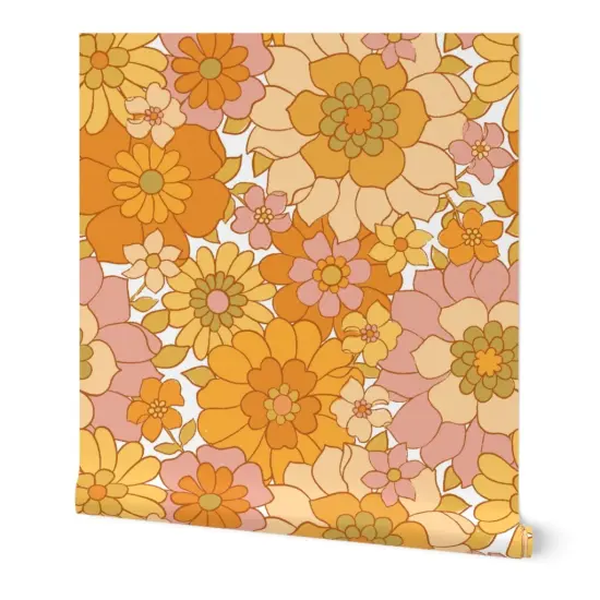 Peel & Stick Wallpaper 2FT Wide Retro Floral Sunny Maximalist Blush Pink Mustard Gold Marigold 1960S Custom Removable Wallpaper by Spoonflower {7}