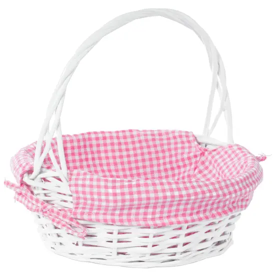 White Round Willow Gift Basket, with Gingham Liner and Handle Pink {1}