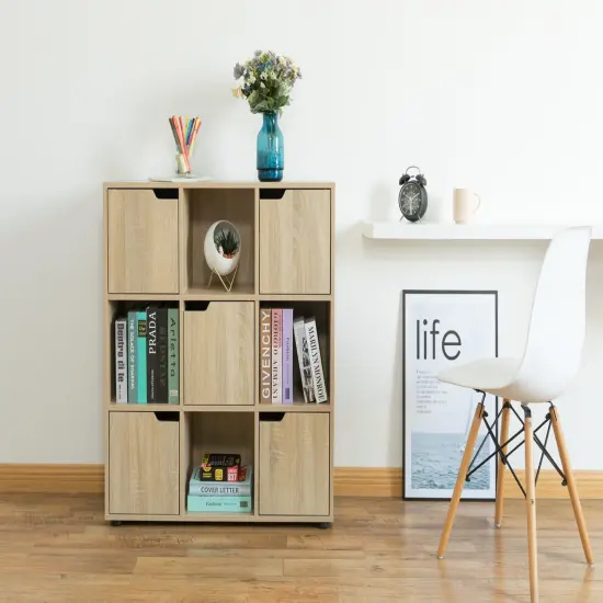 9 Cube Wooden Organizer With 5 Enclosed Doors and 4 Shelves Oak {11}