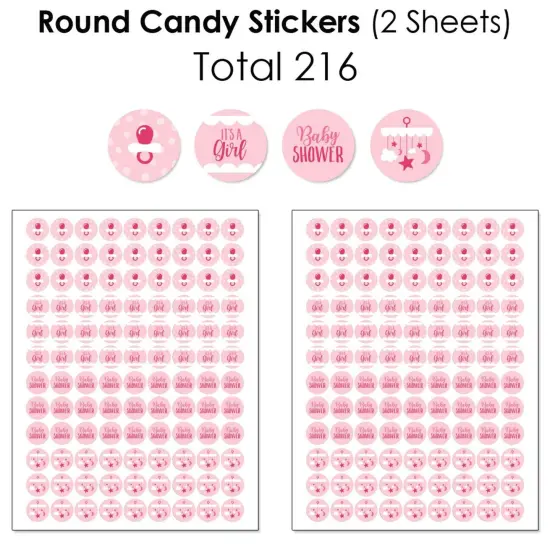Big Dot of Happiness It's A Girl - Mini Candy Bar Wrappers, Round Candy Stickers & Circle Stickers - Pink Baby Shower Candy Favor Sticker Kit -304 Pcs {6}