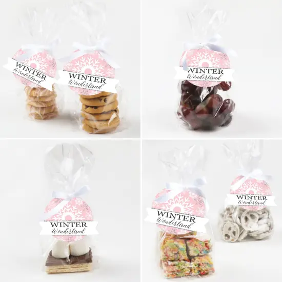 Big Dot of Happiness Pink Winter Wonderland - Holiday Snowflake Birthday Party and Baby Shower Clear Goodie Favor Bags - Treat Bags With Tags 12 Ct {6}