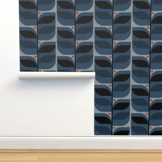 Peel & Stick Wallpaper 2FT Wide Mod Leaves Faux Textures Look Large Scale Denim Blue Retro Inspired Atomic Era 1950S 1960S Custom Removable Wallpaper by Spoonflower {2}