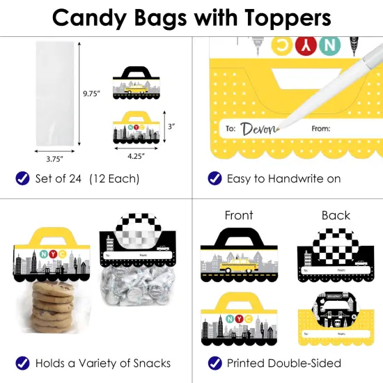 Big Dot of Happiness NYC Cityscape DIY New York City Party Clear Goodie Favor Bag Labels Candy Bags with Toppers Set of 24 {4}