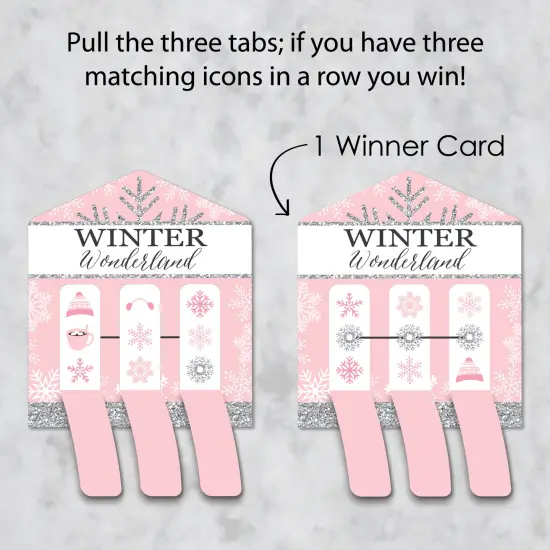 Big Dot of Happiness Pink Winter Wonderland - Holiday Snowflake Birthday Party and Baby Shower Game Pickle Cards - Pull Tabs 3-in-a-Row - Set of 12 {4}