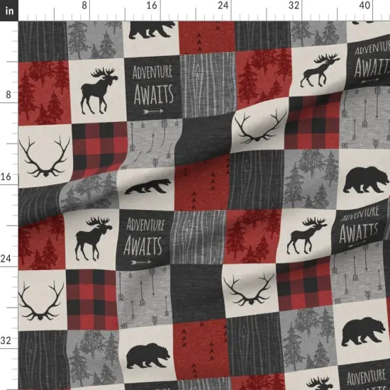 Various Fabrics by the Yard or Fat Quarter Adventure Awaits Quilt Grey Black Red Buffalo Check Plaid Moose Bear Woodland Custom Printed Fabric by Spoonflower {1}