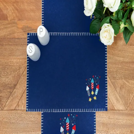 Patriotic 4th of July Solid Blue Sparkler Embroidered Fireworks Design Felt Table Runner 12" x 47.25" {5}