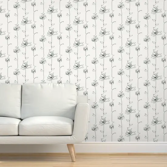 Peel & Stick Wallpaper 2FT Wide Line Floral Black White Stripe Flowers Vines Modern Abstract Custom Removable Wallpaper by Spoonflower {5}