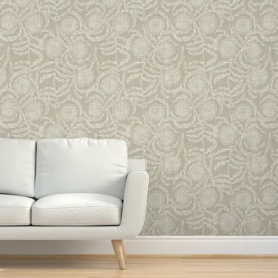 Pre-Pasted Wallpaper 2FT Wide Vintage Floral Neutral Natural Linen Look Rustic Farmhouse Transitional French Botanical Vines Leaves Faux Texture Custom Pre-pasted Wallpaper by Spoonflower {5}