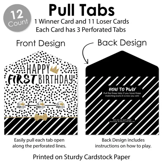 Big Dot of Happiness 1st Birthday Little Mr. Onederful - Boy First Birthday Party Game Pickle Cards - Pull Tabs 3-in-a-Row - Set of 12 {6}