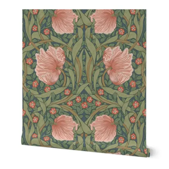 Peel & Stick Wallpaper 2FT Wide Pink Floral Green Botanical Victorian Garden William Morris Vintage Flower Leaves Art Nouveau Large Scale Custom Removable Wallpaper by Spoonflower {7}