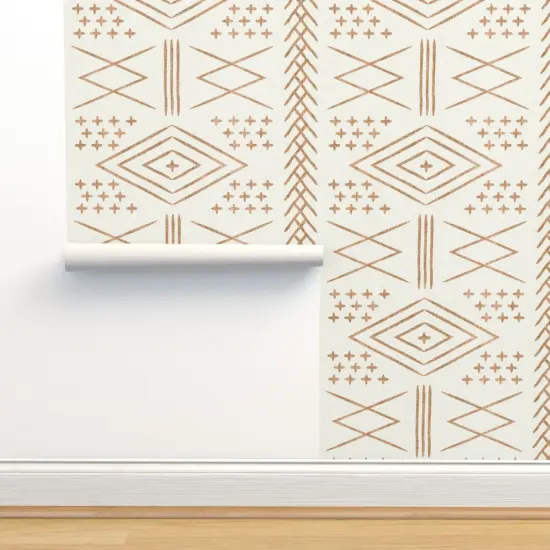 Pre-Pasted Wallpaper 2FT Wide Vintage Moroccan Bone Dark Maple Beige Boho Trendy Tribal Farmhouse & Modern Bohemian Home Geometric Mudcloth Custom Pre-pasted Wallpaper by Spoonflower {2}