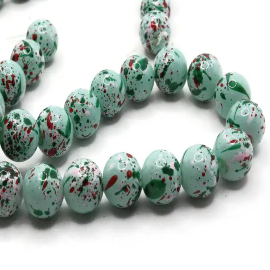 40 10mm Mint Green with Red & Pink Splatter Paint Smooth Round Glass Beads {1}