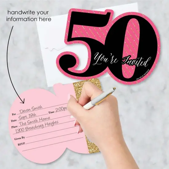 Big Dot of Happiness Chic 50th Birthday - Pink, Black and Gold - Shaped Fill-in Invites - Birthday Party Invitation Cards with Envelopes - Set of 12 {3}