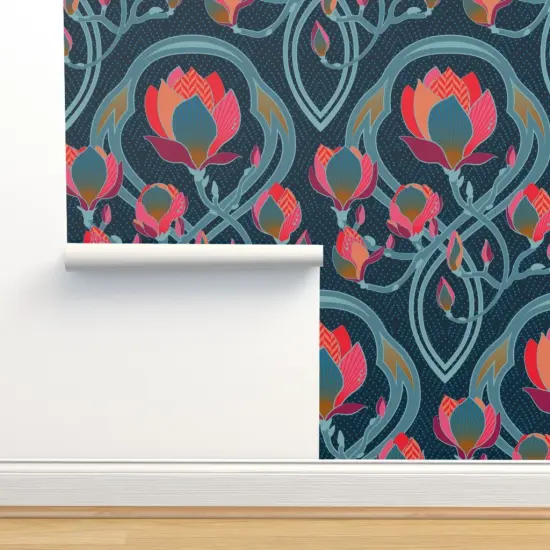 Pre-Pasted Wallpaper 2FT Wide Art Nouveau Floral Magnolia Vintage Inspired Deco Pink Blue Coral Large Scale Flowers Custom Pre-pasted Wallpaper by Spoonflower {2}