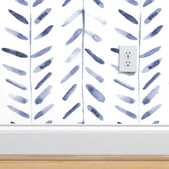 Pre-Pasted Wallpaper 2FT Wide Herringbone Hand Drawn Painterly White Blue Shibori Inspired Geometric Indigo Large Scale Simple Basic Custom Pre-pasted Wallpaper by Spoonflower {4}