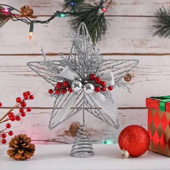 Ornativity Silver Star Tree Topper - Christmas Glitter Silver Star Holiday Tree Top Decoration with Silver Bells and Mistletoe and Red Berries {3}
