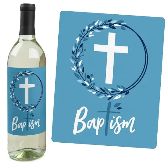 Big Dot of Happiness Baptism Blue Elegant Cross - Boy Religious Party Decorations for Women and Men - Wine Bottle Label Stickers - Set of 4 {3}