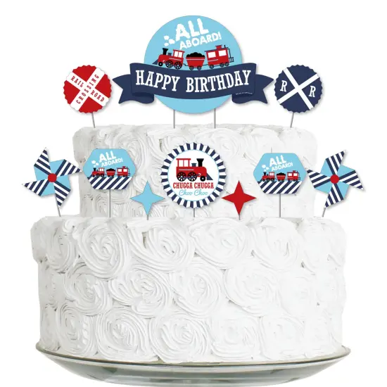 Big Dot of Happiness Railroad Party Crossing - Steam Train Birthday Party Cake Decorating Kit - Happy Birthday Cake Topper Set - 11 Pieces {1}