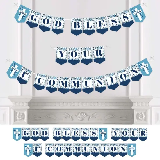 Big Dot of Happiness First Communion Blue Elegant Cross - Boy Religious Party Bunting Banner - Party Decorations - God Bless Your 1st Communion {1}