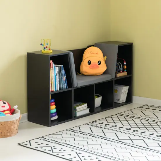 Modern Multi-Purpose Bookshelf with Storage Space and Gray Cushioned Reading Nook Black {5}