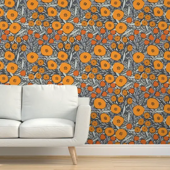 Pre-Pasted Wallpaper 2FT Wide Modern Flowers Nature Botanical Floral Orange Gray Black Mod Custom Pre-pasted Wallpaper by Spoonflower {5}