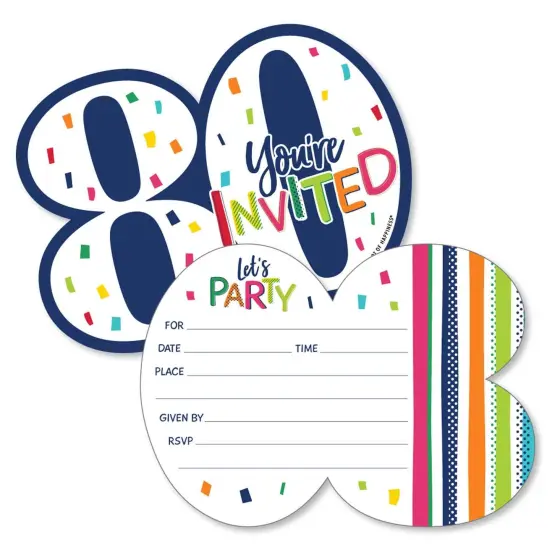 Big Dot of Happiness 80th Birthday - Cheerful Happy Birthday - Shaped Fill-In Invites - Eightieth Birthday Invitation Cards with Envelopes - Set of 12 {1}