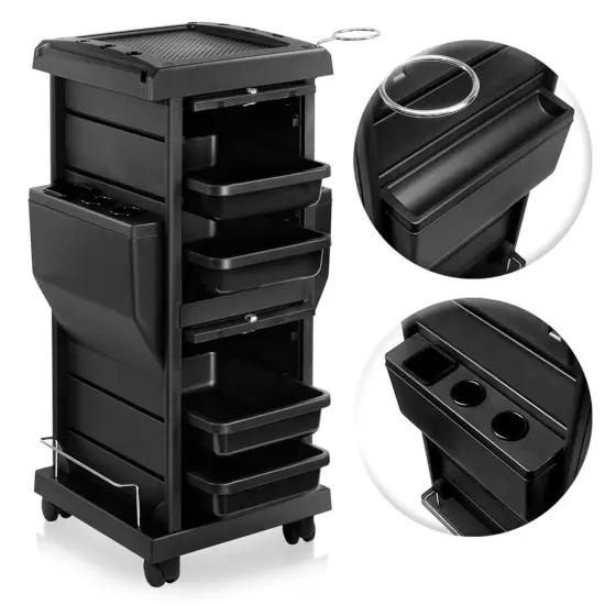 Saloniture Premium Locking Rolling Trolley Cart with Pocket Inserts - Black {3}