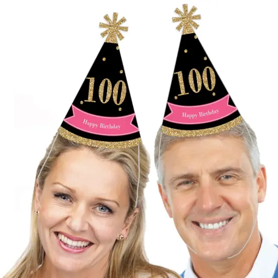 Big Dot of Happiness Chic 100th Birthday - Pink, Black and Gold - Cone Happy Birthday Party Hats for Adults - Set of 8 (Standard Size) {3}